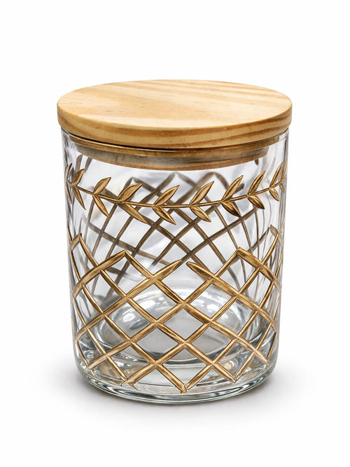 Decorative glass candle contioner with wooden lid with goldcut work pack of 1
